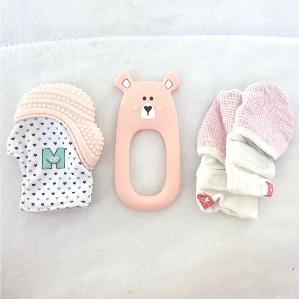Munch Mitt Teething Mittens and Bear Teether Set Pink